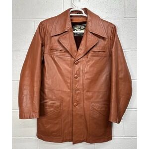 VTG 70s Montgomery Ward Lined Leather Jacket Orange Brown Leather Men's 40R FLAW